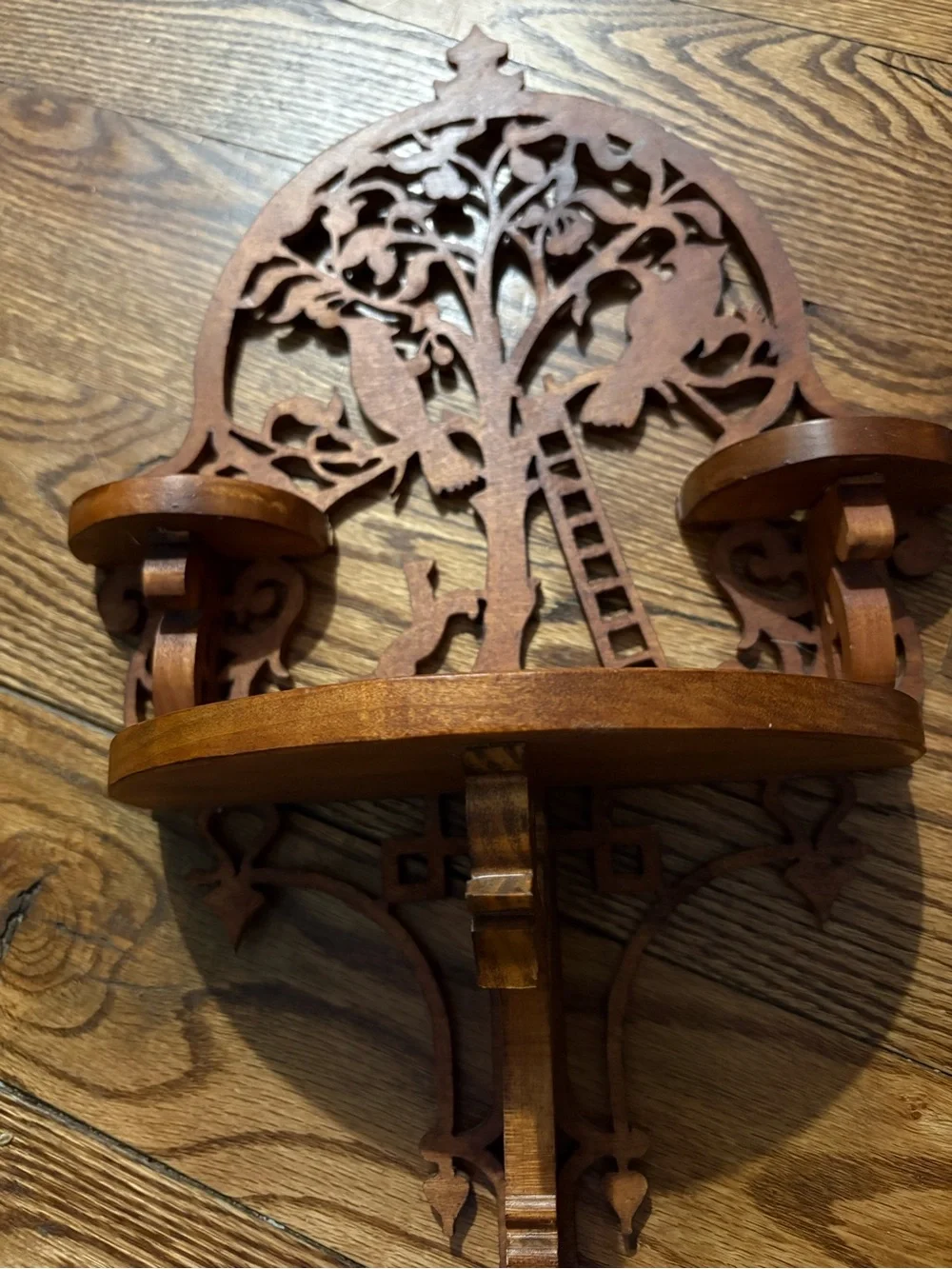 Vintage Brown Wooden Shelf with Folk art Tree & Bird Cutout